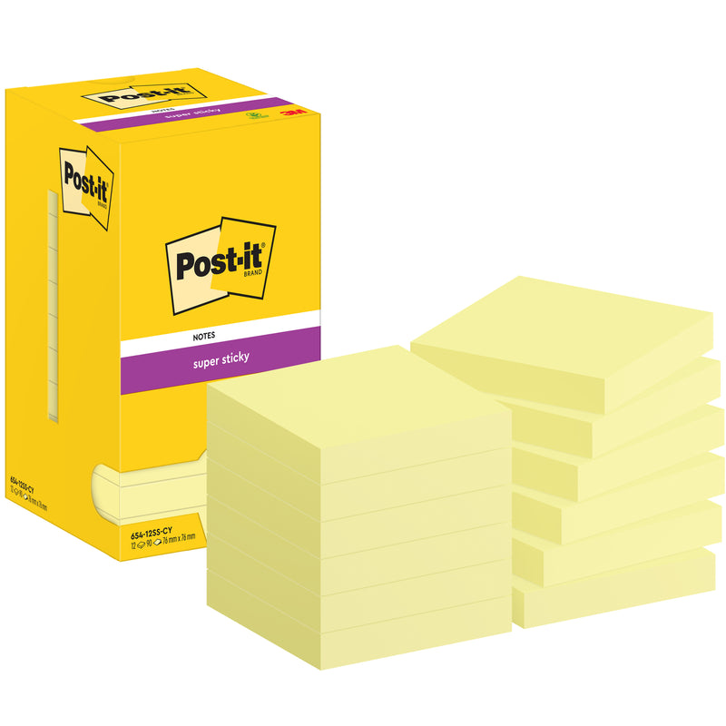 Post-it - Notizblock 654 Super Sticky 76x76mm Kanariengelb 12 Stück