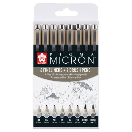 Sakura - Fineliner und Pinselstift Pigma Micron kaltgrau 8er Set sortiert