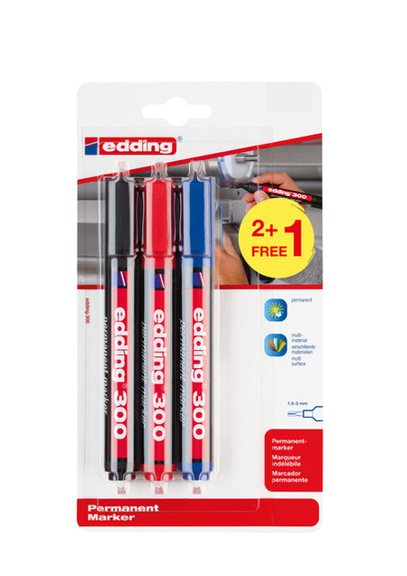 Edding - Filzstift 300 rund 1,5-3mm sortiert Blister mit 2+1 gratis | 10 Stück