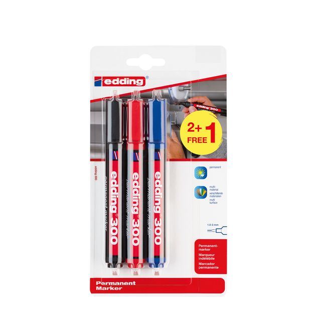 Edding - Filzstift 300 rund 1,5-3 mm, sortiert, Blister mit 2 + 1 gratis