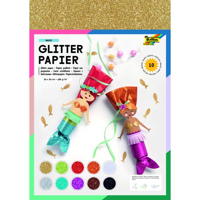 Folia Paper - Glitzerpapier Folia 1-seitig 24x34cm 170gr 10 Blatt sortiert