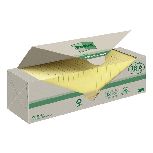 Post-it - Notizblock 3m 654 76x76mm Recycling Gelb 18+6 | 6 Stück