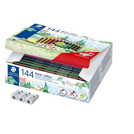 Staedtler - Buntstifte der Noris-Klasse, Packung mit 144 Stück, 12 Farben + 3 Bleistiftspitzer gratis