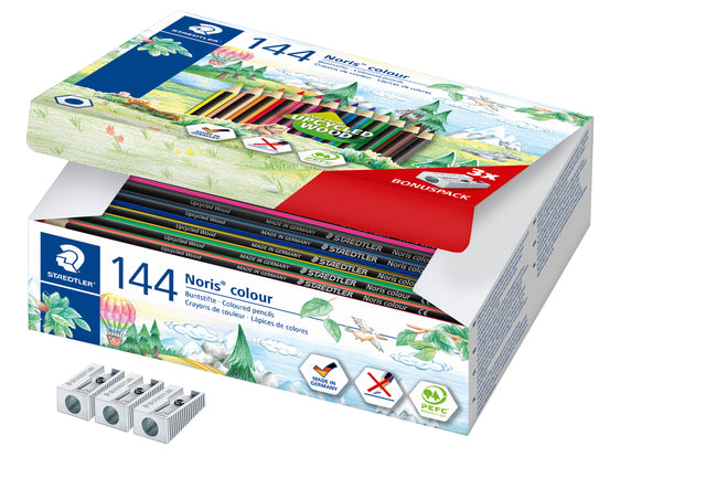 Staedtler - Buntstifte der Noris-Klasse, Packung mit 144 Stück, 12 Farben + 3 Bleistiftspitzer gratis