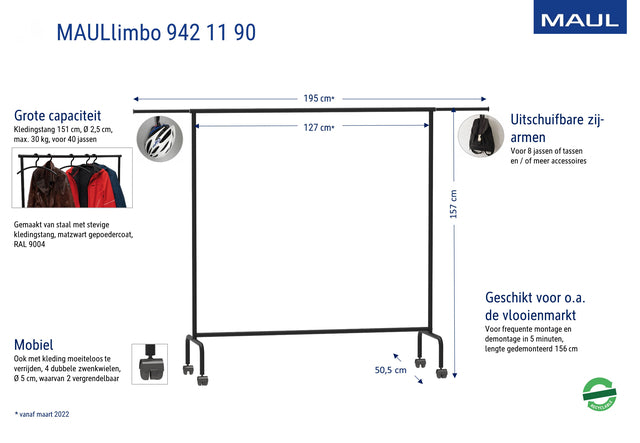 GarderobeRek Maul Limbo 156x126 (bis zu 220) x50 cm Mobile (Seitenarme)