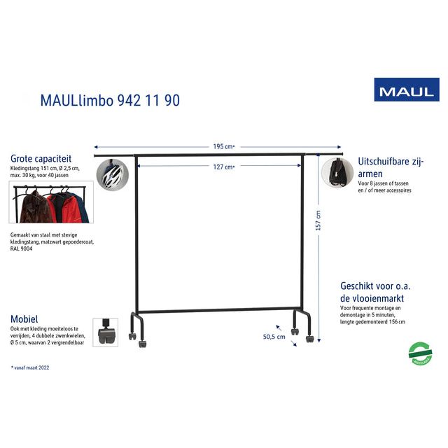 Maul - Clothing Rack Limbo Metal, 4 Bremsräder, Hg156xbr151 (220) x50 cm, bis zu 30 kg, Black Ral9004