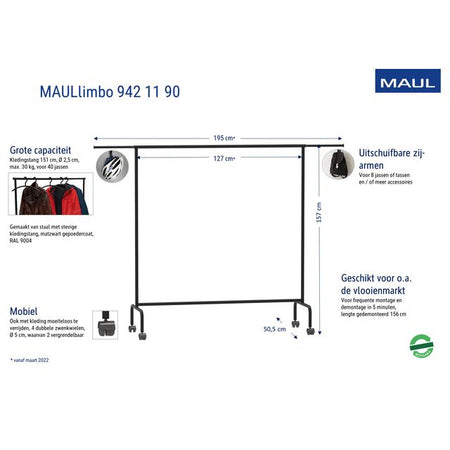MAUL - Garderobenständer Limbo 156x127 (bis 220)x50cm fahrbar (Seitenarme)