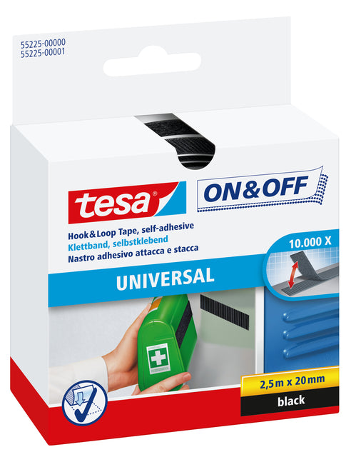 Klettband tesa on off selbstklebend 20mmx2,5m schwarz | Blister mit 1 Stück