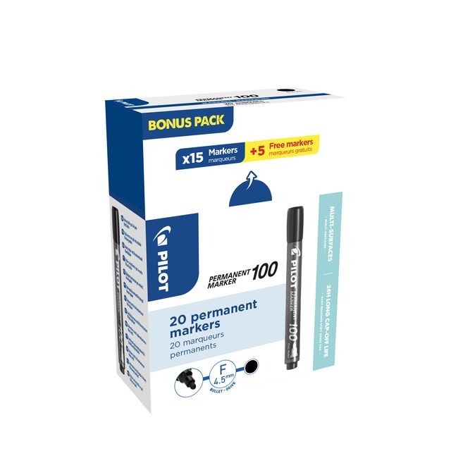 Pilot – Filzstift 100 rund, fein, schwarz, 15 Stück + 5 Stück gratis