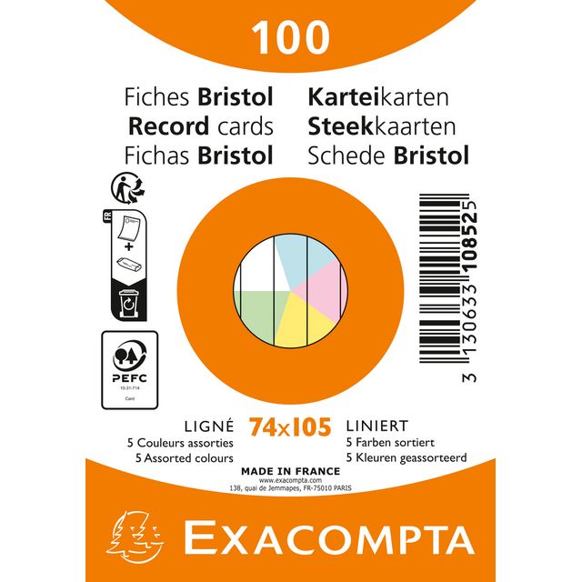 Exacompta - Flashcard 74x105mm Linie 5 Farben 100 Blatt | 40 Stück