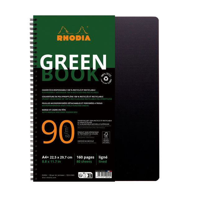 Rhodia - Notizbuch Greenbook A4+ Line 4-Loch 180 Seiten 90gr schwarz