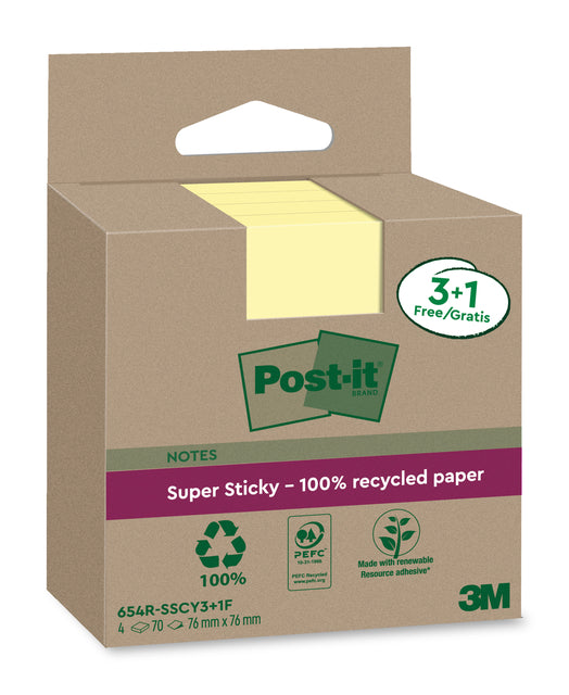 Post -it - MemoBlok 3M 654 RSSCol 76x76mm gelb 3+1 | 8 Stücke