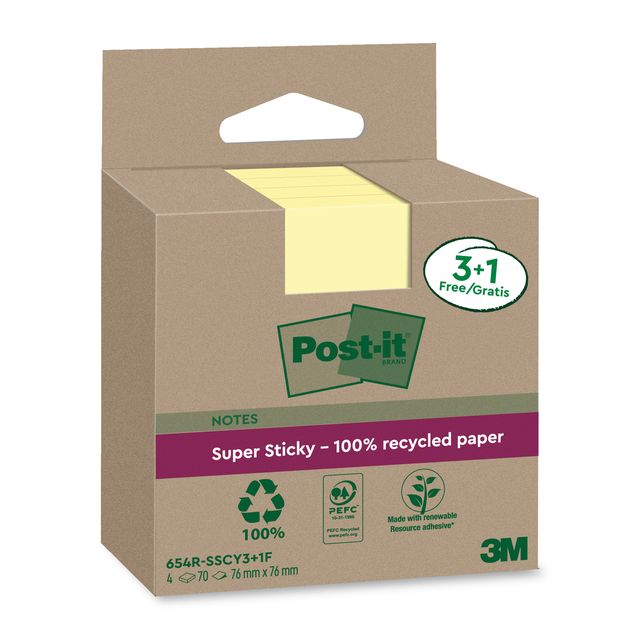 Post-it - Notizblock 3m 654 RSScol 76x76mm gelb 3+1 | 8 Stück