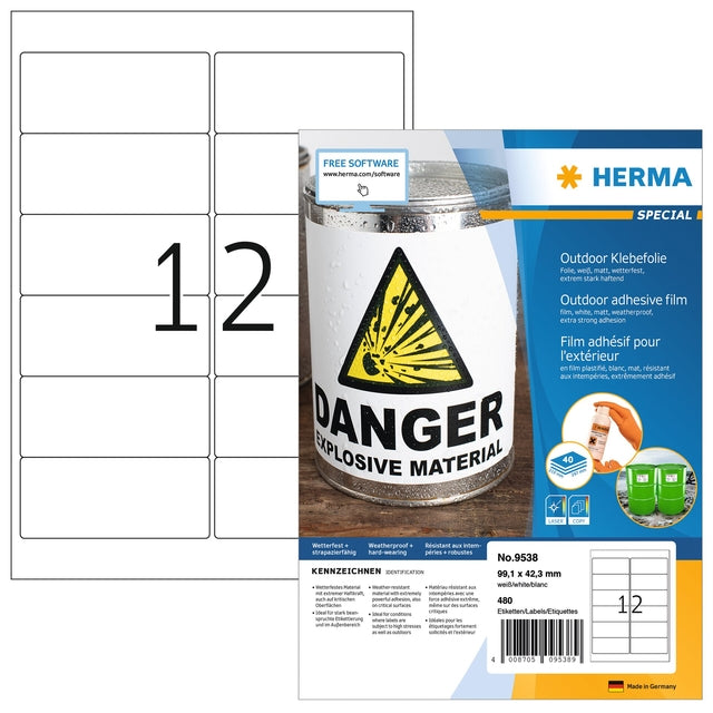 HERMA - Etikett 9538 99,1x42,3mm wetterfest weiß 480 Etiketten