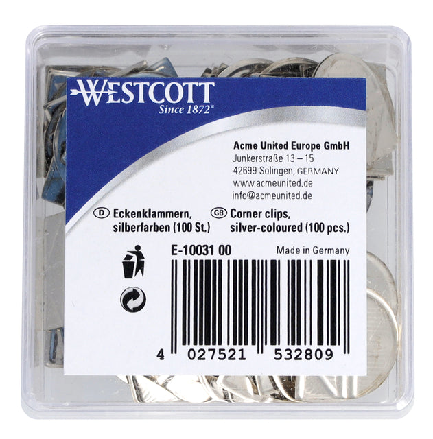 Westcott - Eckclips Aluminium Silber Box ein 100 Stück