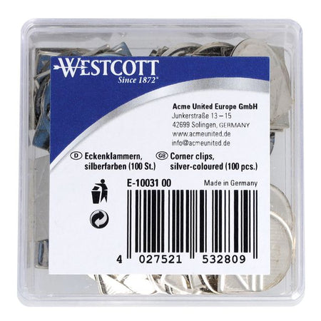 Westcott - Eckklammern aus Aluminium, silberfarben, Box mit 100 Stück