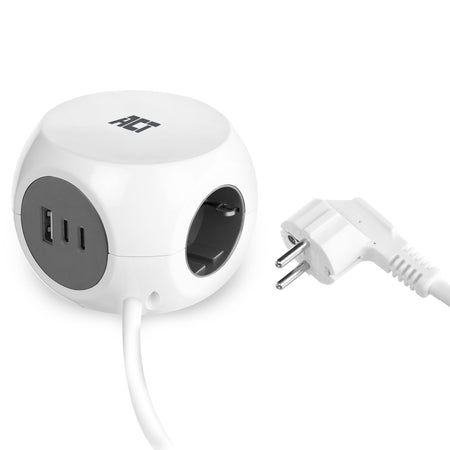 ACT - 3-fach Steckdosenleiste inklusive 2x USB C/A 1,5 Meter weiß/grau