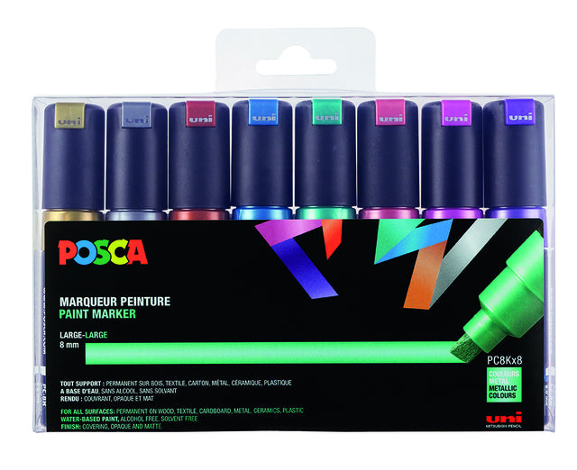 Verfstift posca pc8k b schuin 8st metallic assorti