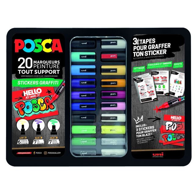 Posca - Paintmarker Uni Sticker Graffiti sortiertes Metalletui mit 20 Stück