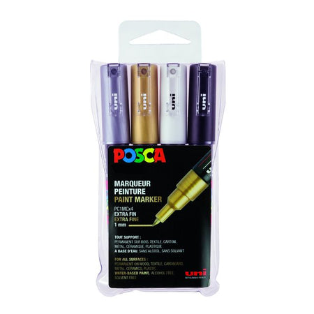 Posca - Uni-Farbmarker PC-1MC, 0,7 1 mm, Karton mit 4 Stück, Gold, Silber, Weiß und Schwarz