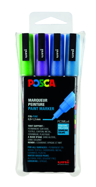 Verfstift posca pc3m f 4st glitter kleuren koel