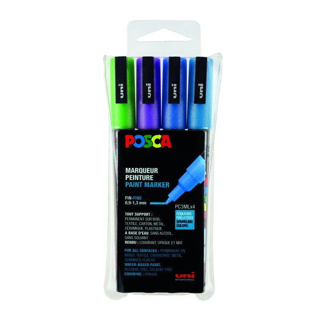 Posca - Paintmarker Uni PC feiner Glitzer, cooles, sortiertes Set mit 4 Stück