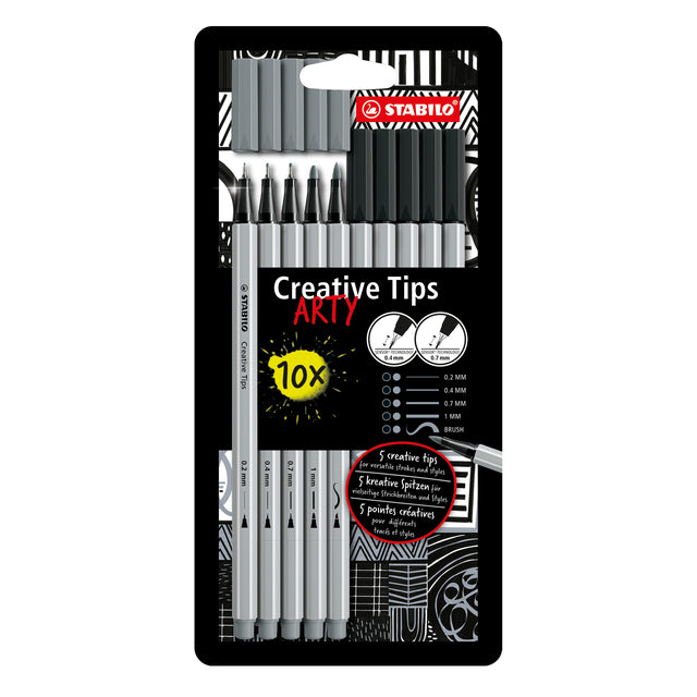 STABILO - Creative Tips Arty sortierte Spitzen in Schwarz und Grau, Blister mit 10 Stück