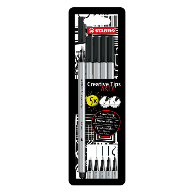 Stabilo - Creative Tips Arty sortierte Spitzen, schwarz, Blister mit 5 Stück