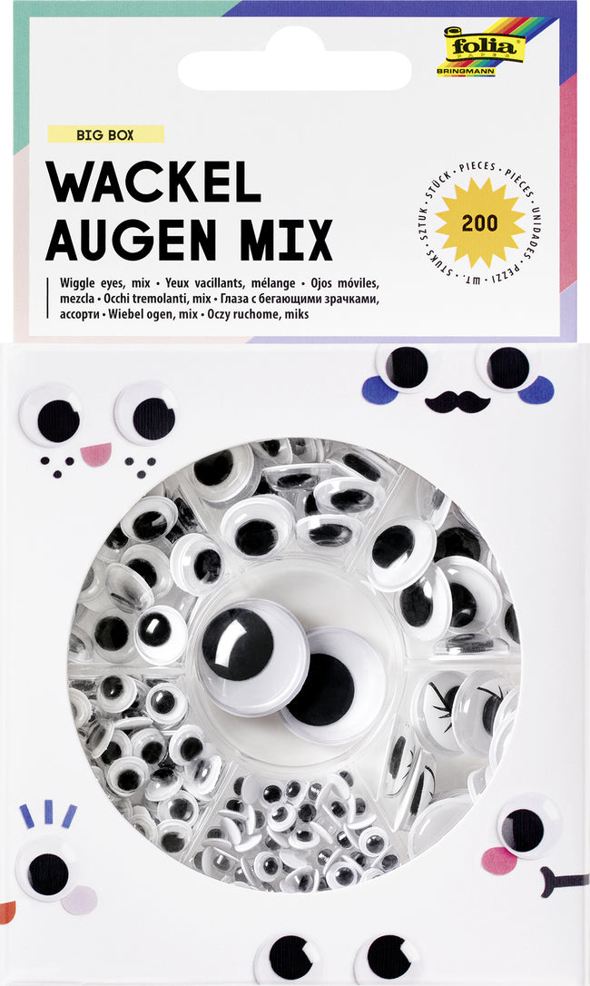 Folia Paper - Wackelaugen Folia Box mit 200 Stück, 7 Sorten sortiert