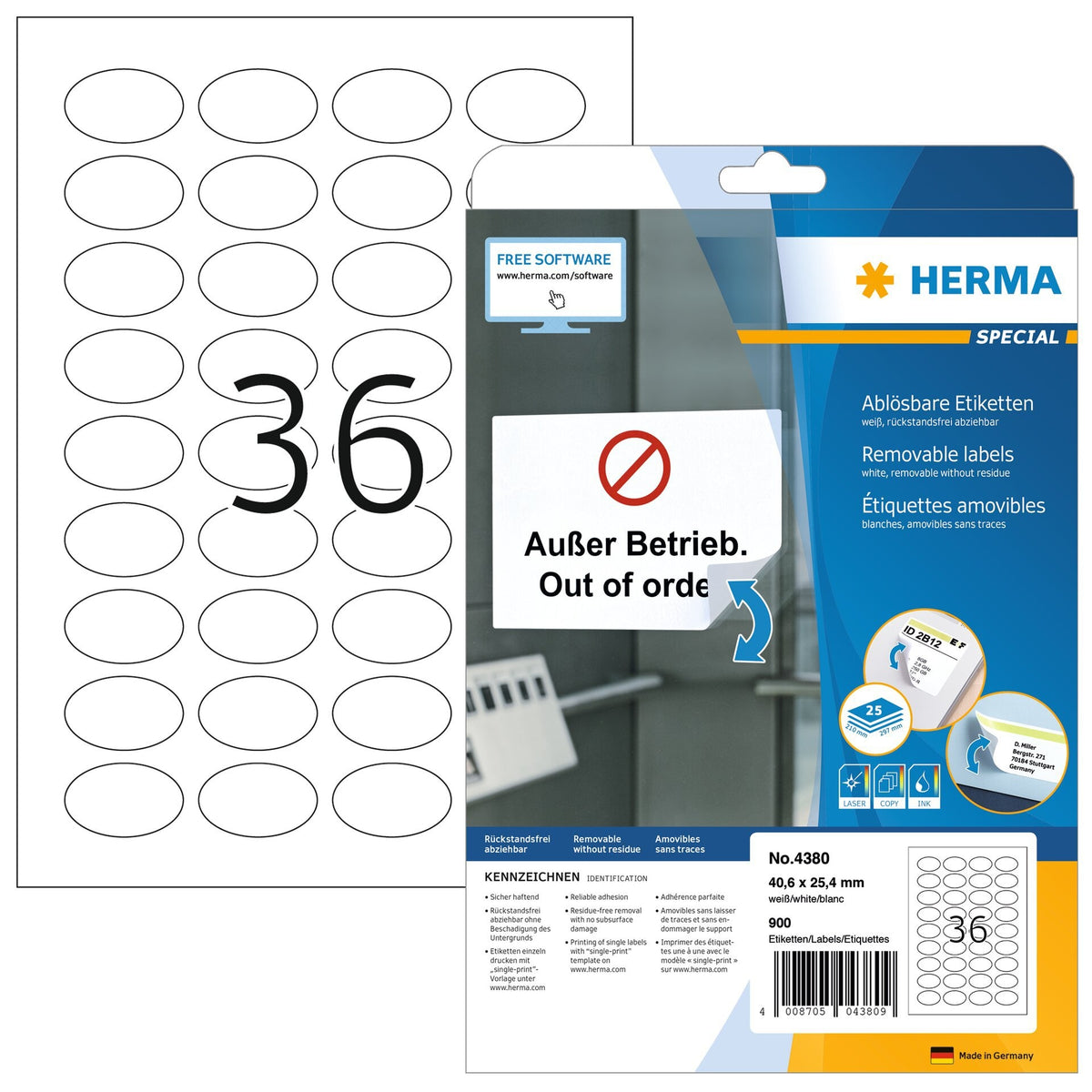HERMA - Etikett 4380 oval 40,6x25,4mm weiß 900St