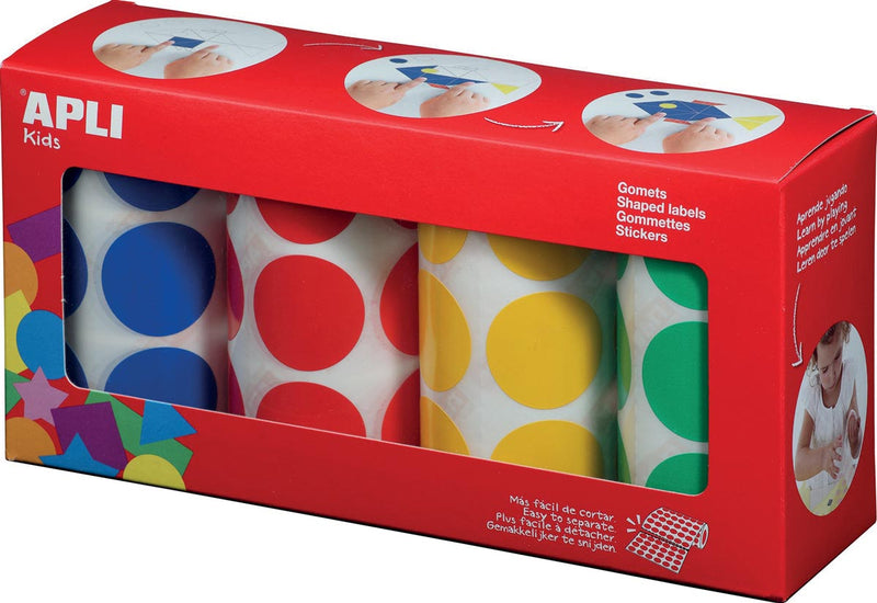 Apli Kids - Kinderaufkleber XL Kreise, Durchmesser 33 mm, Box mit 4 Rollen in 4 Farben