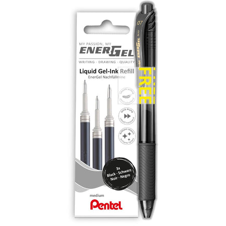Pentel - Gelschreibermine LR7 Energel mit kostenlosem Gelstift, mittlere schwarze Blisterpackung mit 3 Stück