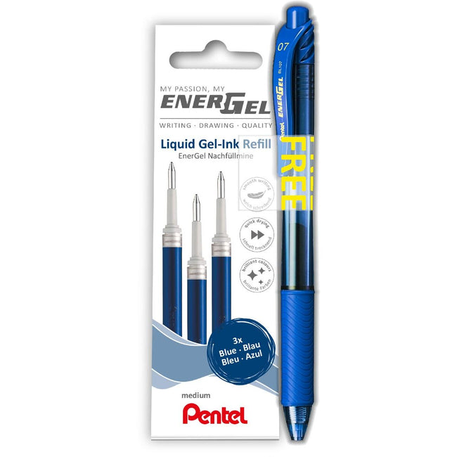 Pentel - Gelschreibermine LR7 Energel mit kostenlosem Gelstift, mittelblauer Blister mit 3 Stück