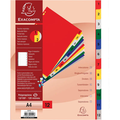 Exacompta - Zahlenregister für ft A4, aus PP 12/100e, 12 Farbregister, mit Registerblatt, weiß