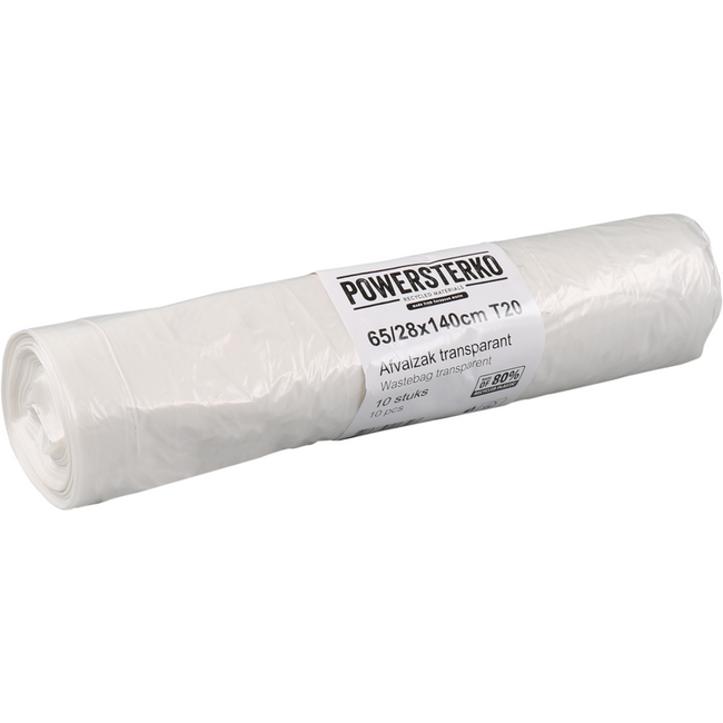 Powersterko - Abfallbeutel | Recyceltes LDPE | 65/ 28x140cm | T20 | Transparente 200 Stück