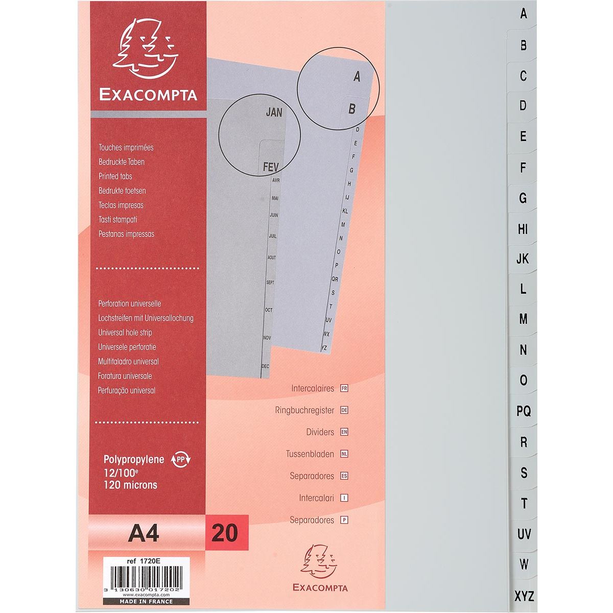 Exacompta - Registerblätter für ft A4, aus PP, von A bis Z, 20 Registerblätter, grau
