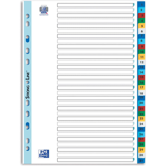 Oxford - Registerblätter, Größe A4, aus PP, 11-Loch-Lochung, farbige Registerblätter, Set 1-31