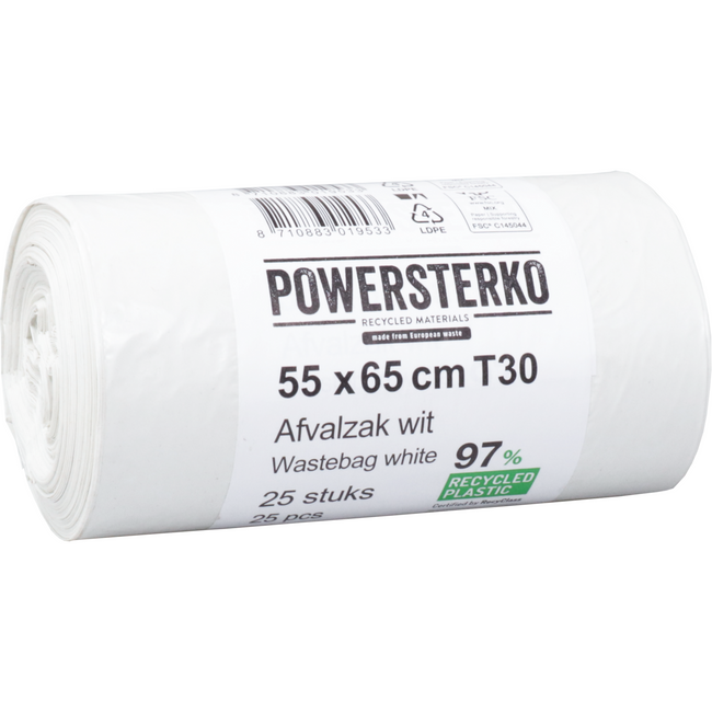 Powersterko - Abfallbeutel | Recyceltes LDPE | 55x65cm | T30 | Weiß | 500 Stücke