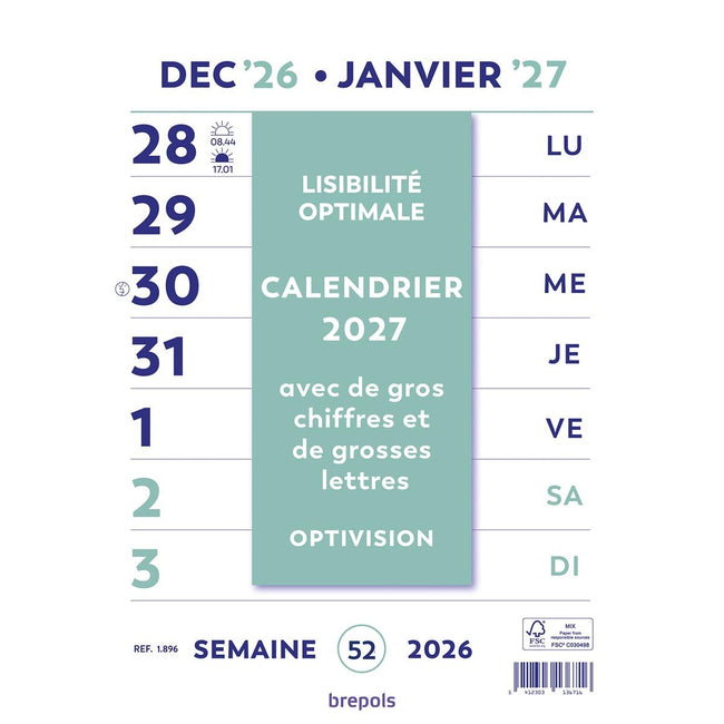 Brepols - Optivision Wall-Wochenkalender, Französisch, 2026