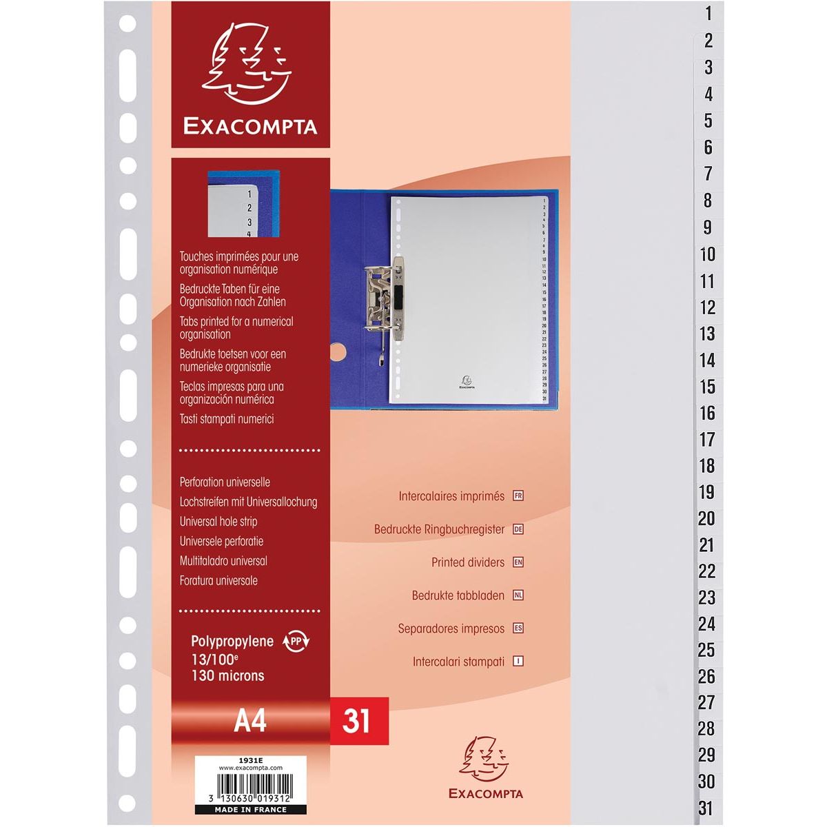 Exacompta - Zahlenregister für ft A4, aus PP, 31 Register, grau