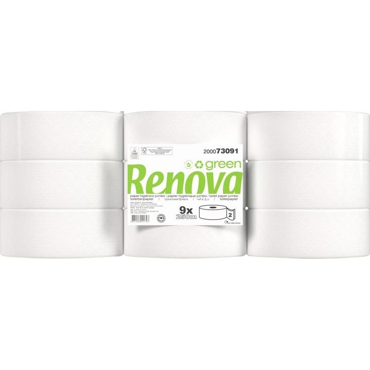 Renova - Grünes Toilettenpapier, 2-lagig, 250 Meter, Packung mit 9 Rollen