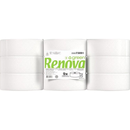 Renova - Grünes Toilettenpapier, 2-lagig, 250 Meter, Packung mit 9 Rollen