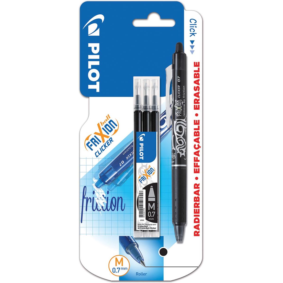 Pilot - Gelroller Frixion Ball Clicker, Blister mit 4 Stück (1 Gelroller + 3 Nachfüllungen), schwarz