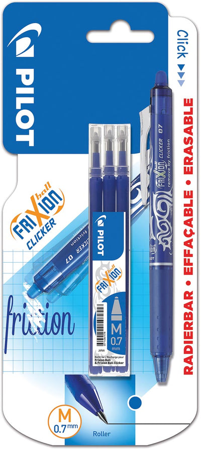Pilot - Gelroller Frixion Ball Clicker, Blister mit 4 Stück (1 Gelroller + 3 Nachfüllungen), blau