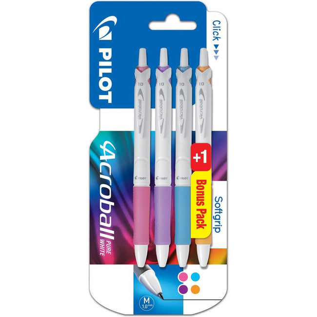 Pilot - Acroball Pure White Kugelschreiber, Blister mit 3 + 1 gratis, in fröhlichen Farben