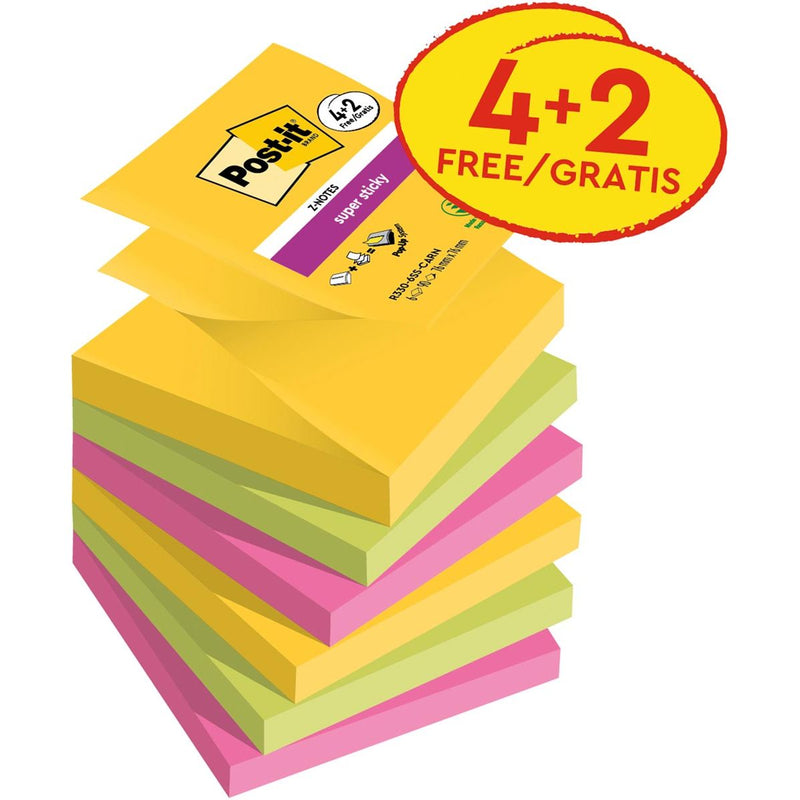 Post-it Super Sticky – Super Sticky Z-Notes Karneval, 90 Blatt, 76 x 76 mm, 4 + 2 GRATIS