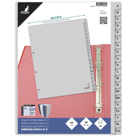 Kangaro - Tabs A4 4-Loch 20-teilig A-Z breit PP grau