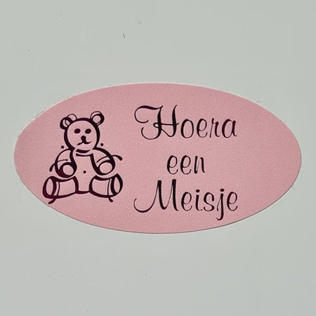Klika -  Etiket Hoera een meisje roze/magen ovaal