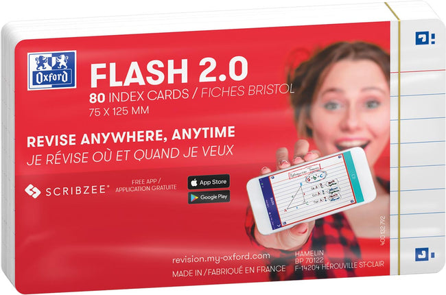 Oxford -  Flash 2.0 flashcard terkit, gelijnd, A7, wit, pak van 80 vel