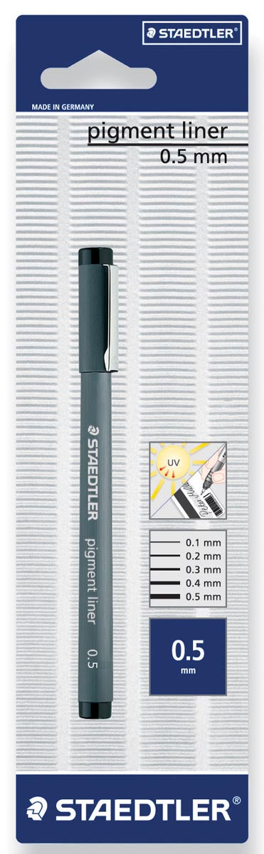 Staedtler - Pigment Liner Fineliner, runde Spitze, Schreibbreite 0,5 mm, im Blister, schwarz